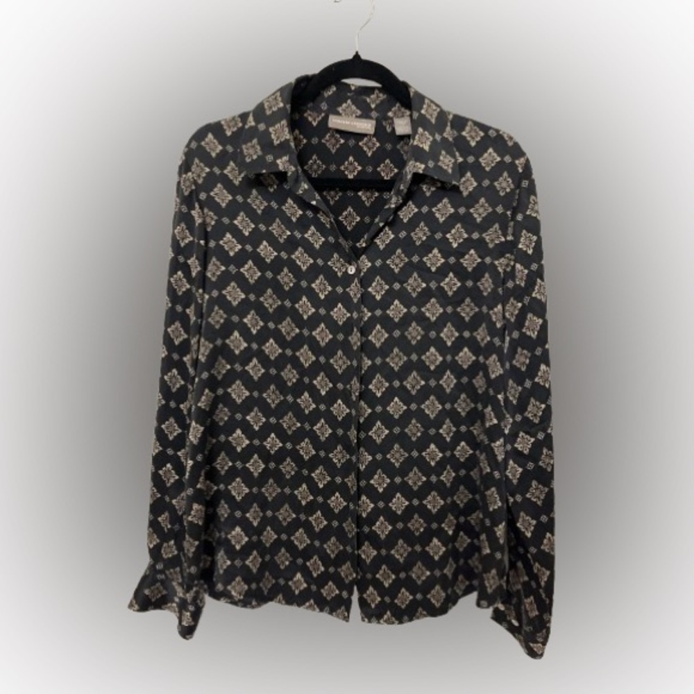Valerie Stevens Silk Black Taupe and Gray Patterned Blouse Size 10
